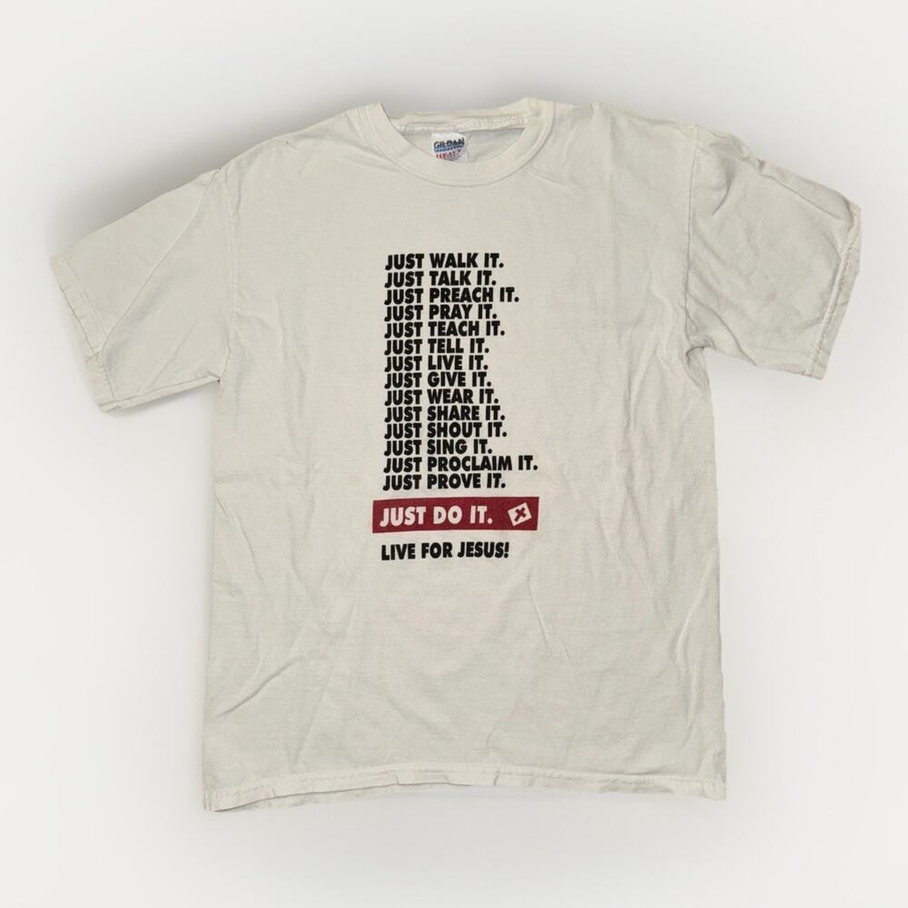 Christian Parody “Just Do It” Nike Graphic T-Shirt Men’s Med Religious Tee 19x25
